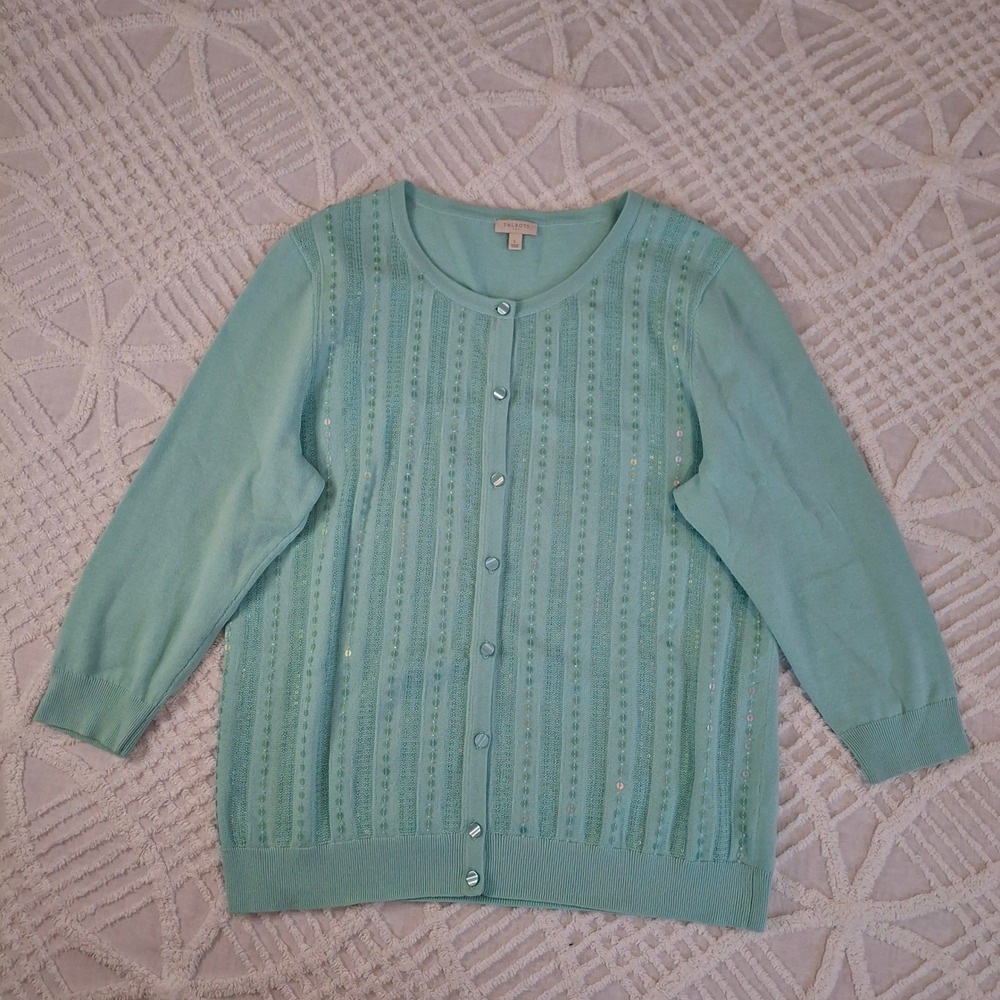 Talbots Women's Large Blue Sequin Striped Button Front Cardigan Sweater Cotton